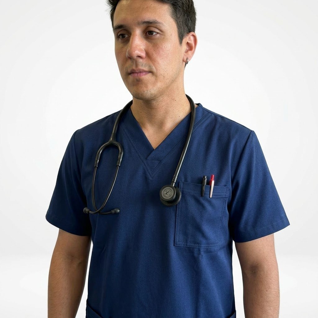 Delantal Madrid Hero 4 Delantal clínico Madrid Hero color Azul Marino, vista frontal, uniforme antifluidos para hombre