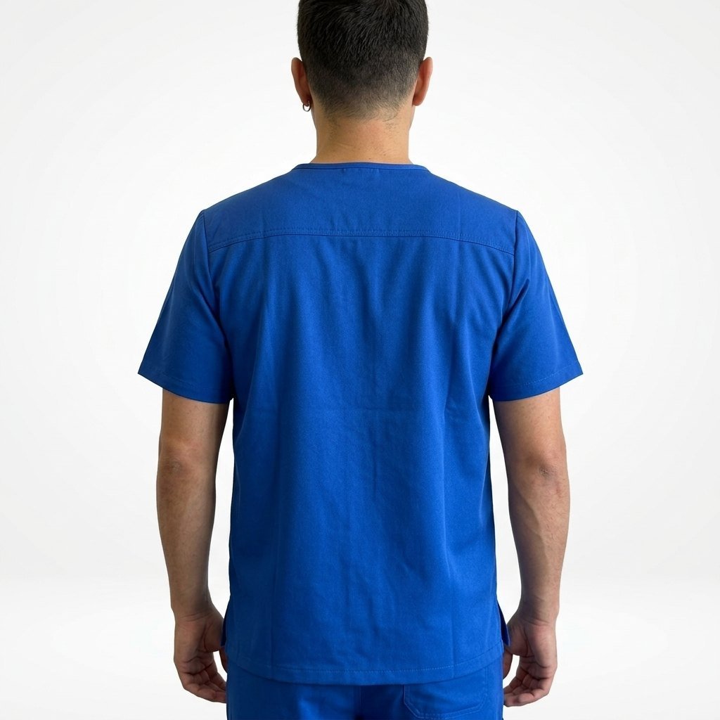 Delantal Madrid Hero 9 Delantal clínico Madrid Hero color Azul Rey, vista de espalda, uniforme antifluidos para hombre