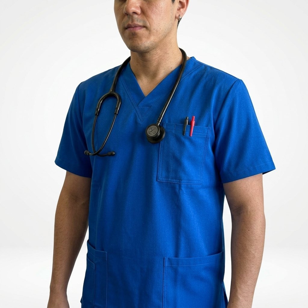 Delantal Madrid Hero 7 Delantal clínico Madrid Hero color Azul Rey, vista frontal, uniforme antifluidos para hombre