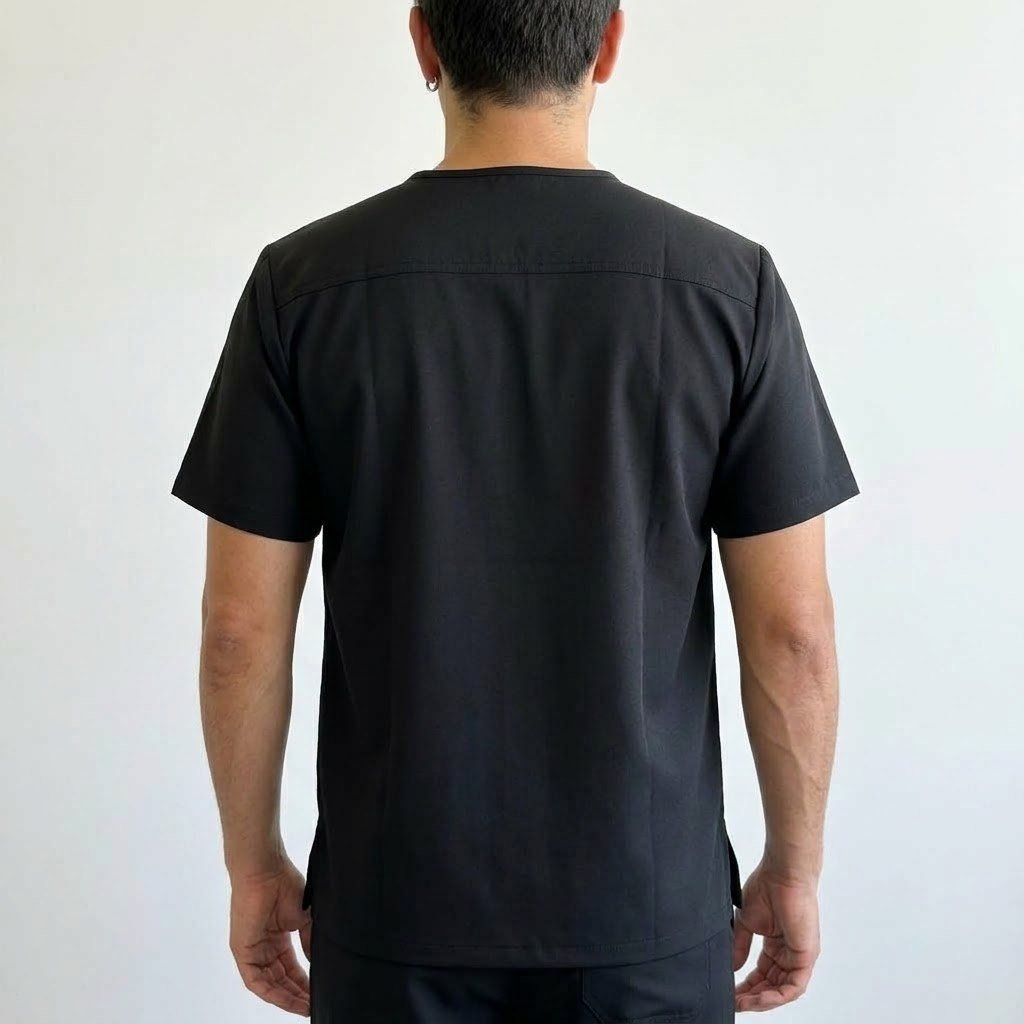 Delantal Madrid Hero 3 Delantal clínico Madrid Hero color Negro, vista de espalda, uniforme antifluidos para hombre