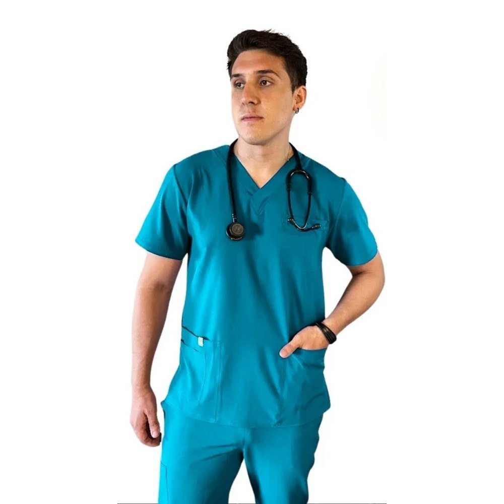 Delantal Madrid Hero 11 Delantal clínico Madrid Hero color Verde Turquesa, vista frontal, uniforme antifluidos para hombre
